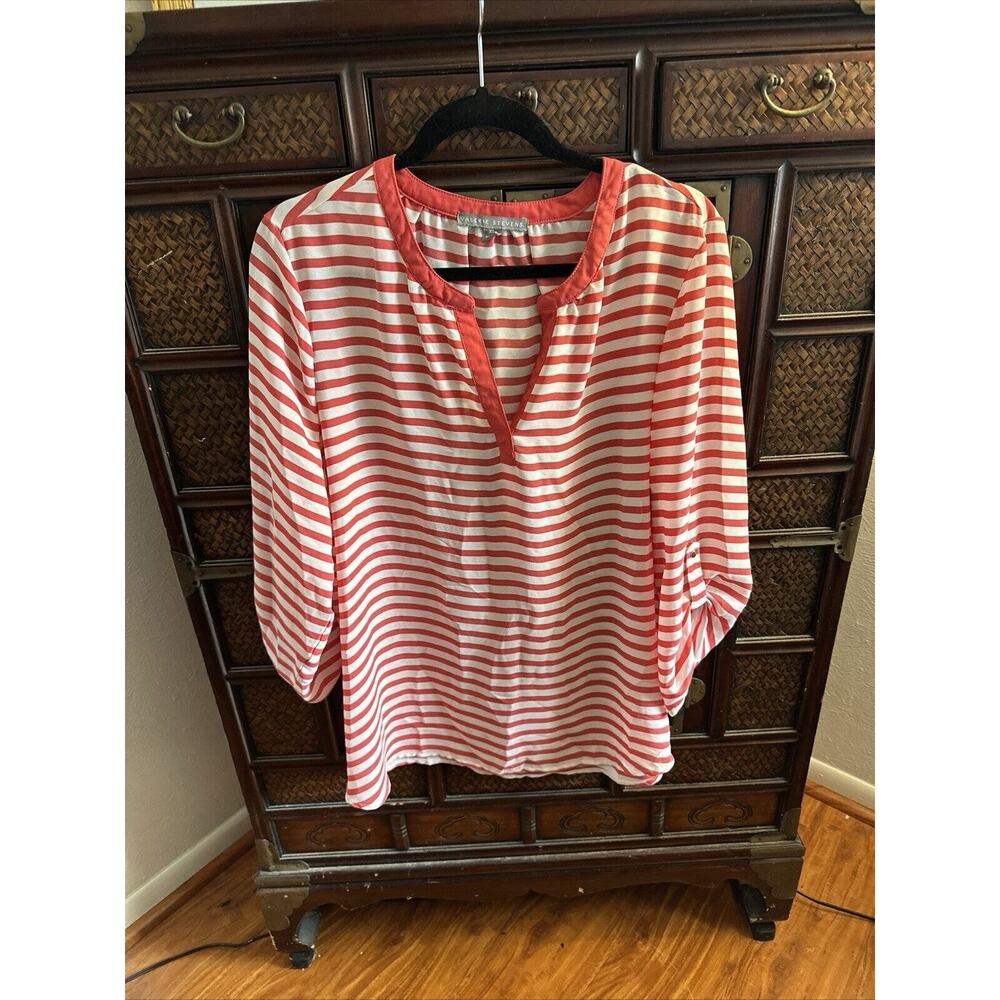 Valerie Stevens Women’s Blouse Tunic Top Pink White Stripes Striped XL